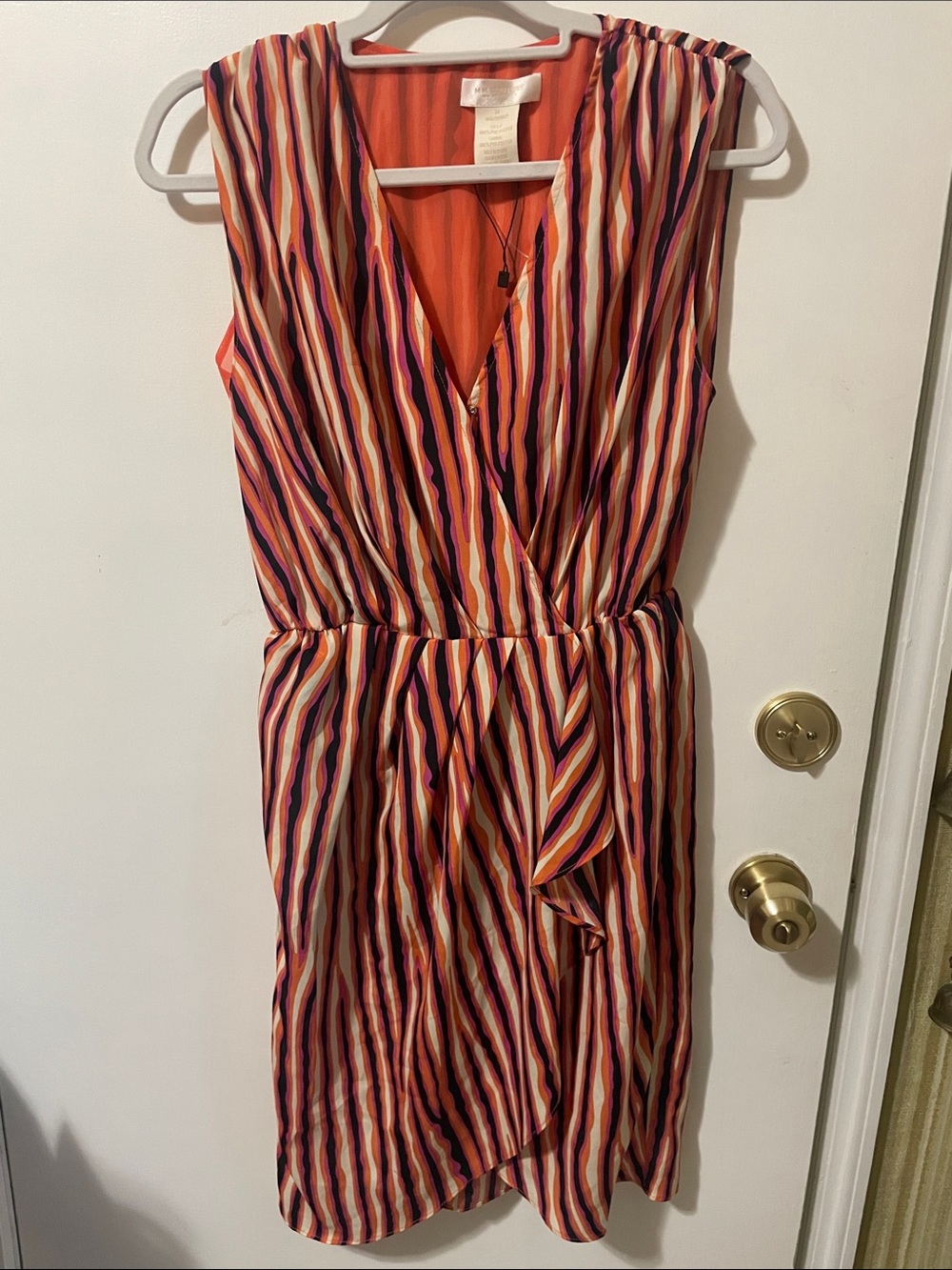 MM Couture Sleeveless V-Neck Striped Midi Dress in Orange, Purple, Cream